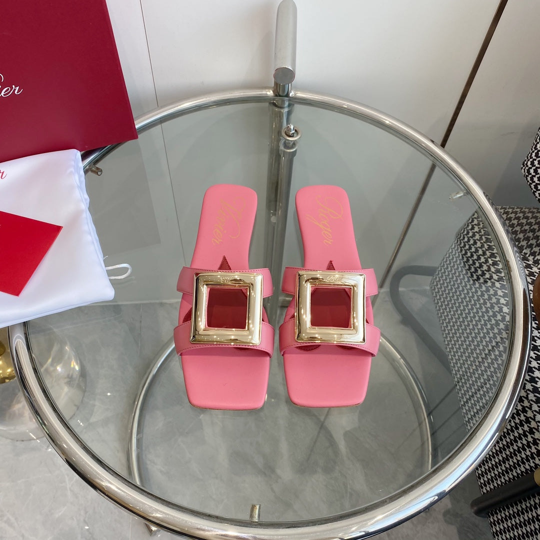 VIV' BY THE SEA LOVE METAL MULES IN PINK CALFSKIN GOLD BUCKLE