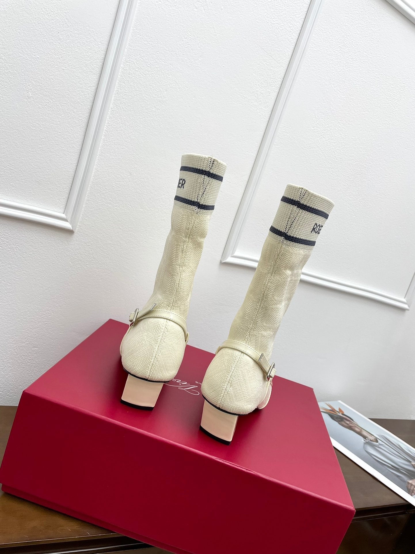 BELLE VIVIER SOCK LACQUERED BUCKLE ANKLE BOOTS IN OFF WHITE CALFSKIN AND TECHNICAL FABRIC