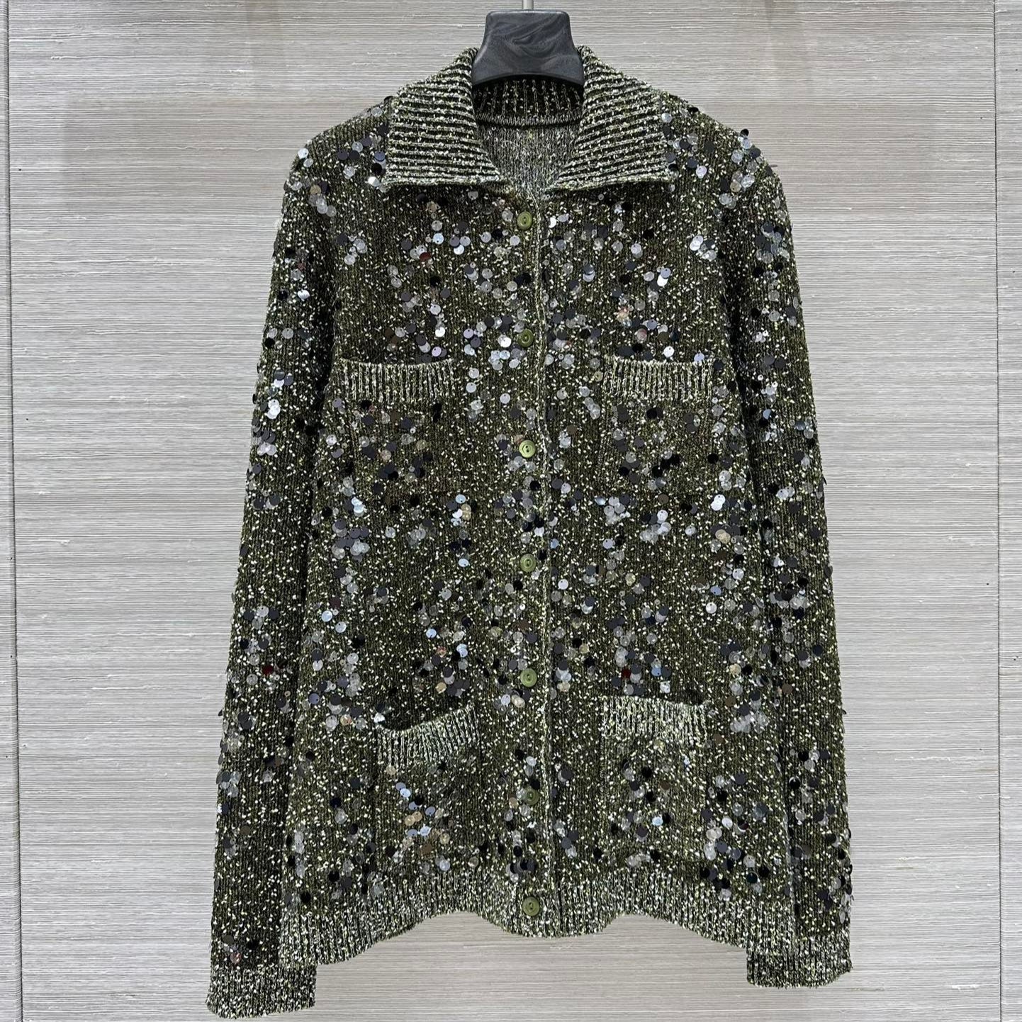 GUCCI 25 KNITTED POLO LONG-SLEEVED TOP GREEN GRAY WOOL