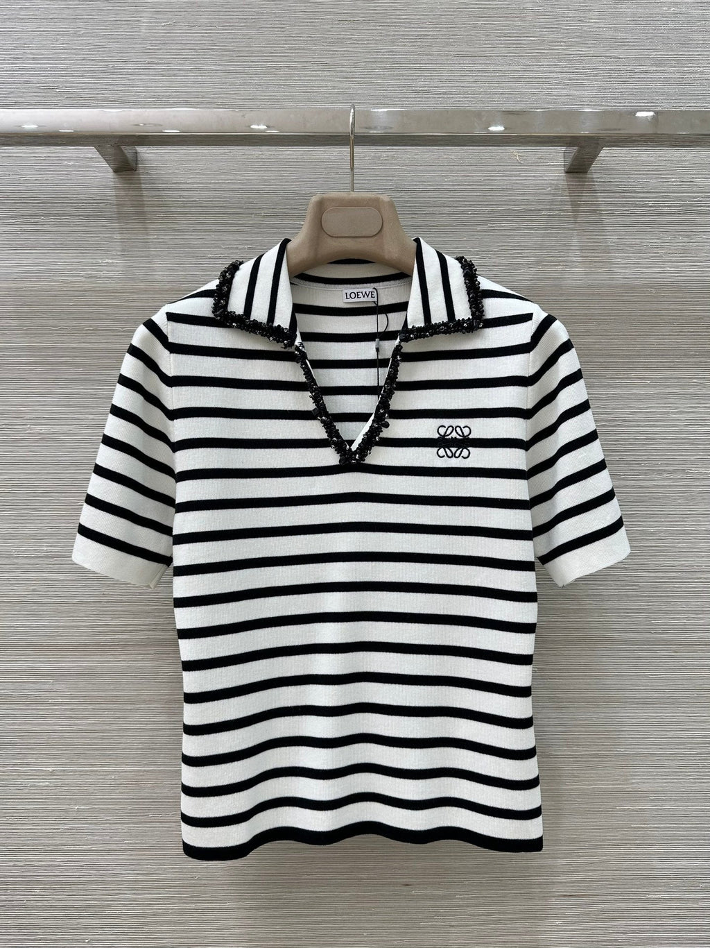 Loewe 25 Striped Knitted Polo Short-sleeved Top White Tencel