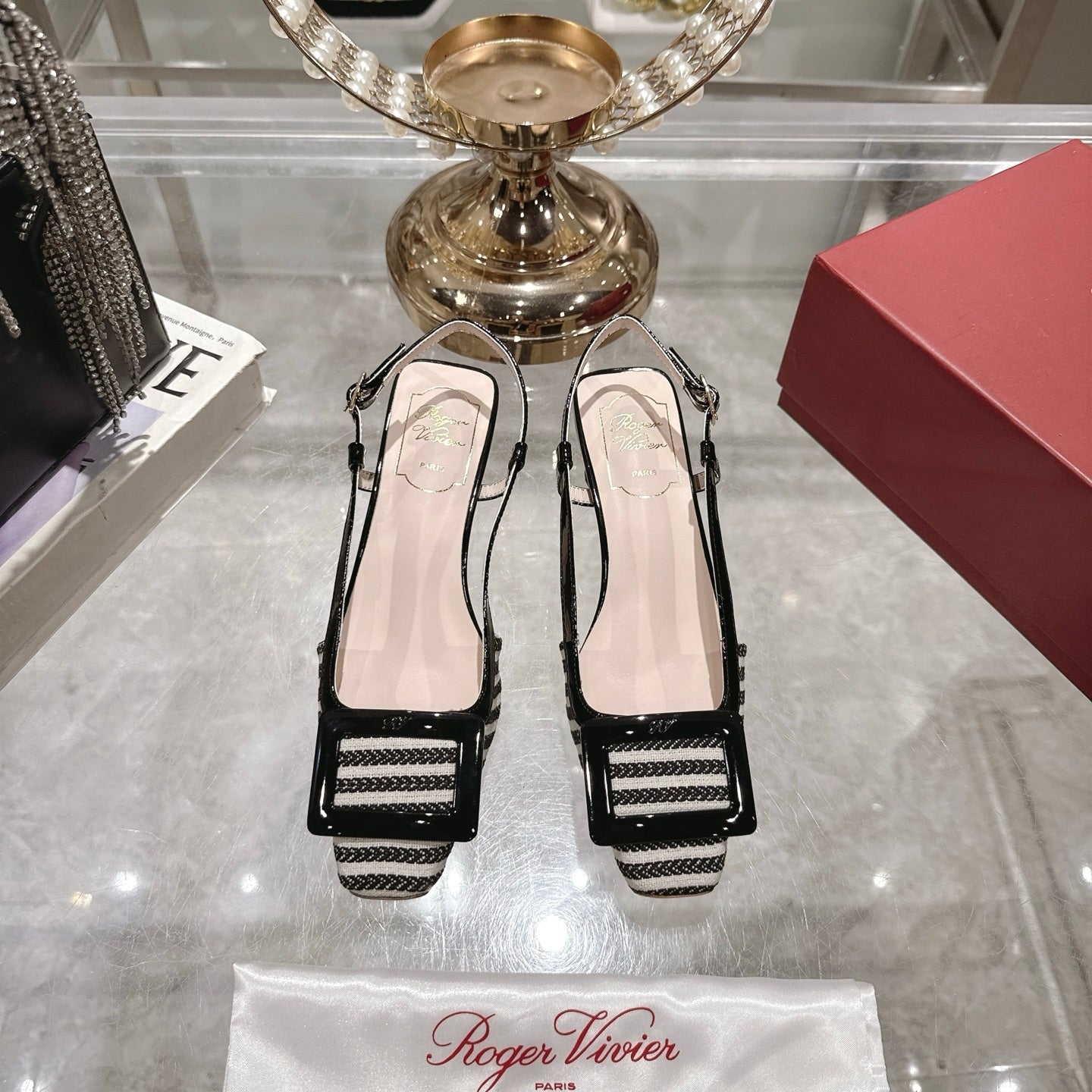 ROGER VIVIER 25S VIVIER SLINGBACK 45MM IN BLACK PLAID PATTERN CANVAS