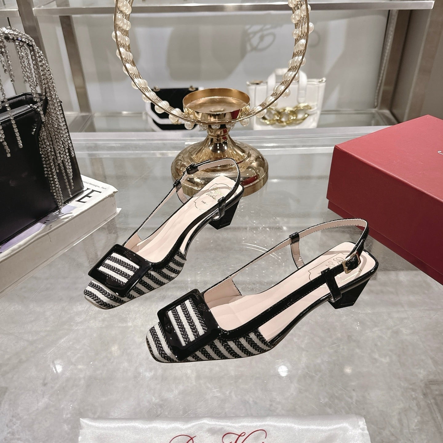 ROGER VIVIER 25S VIVIER SLINGBACK 45MM IN BLACK PLAID PATTERN CANVAS