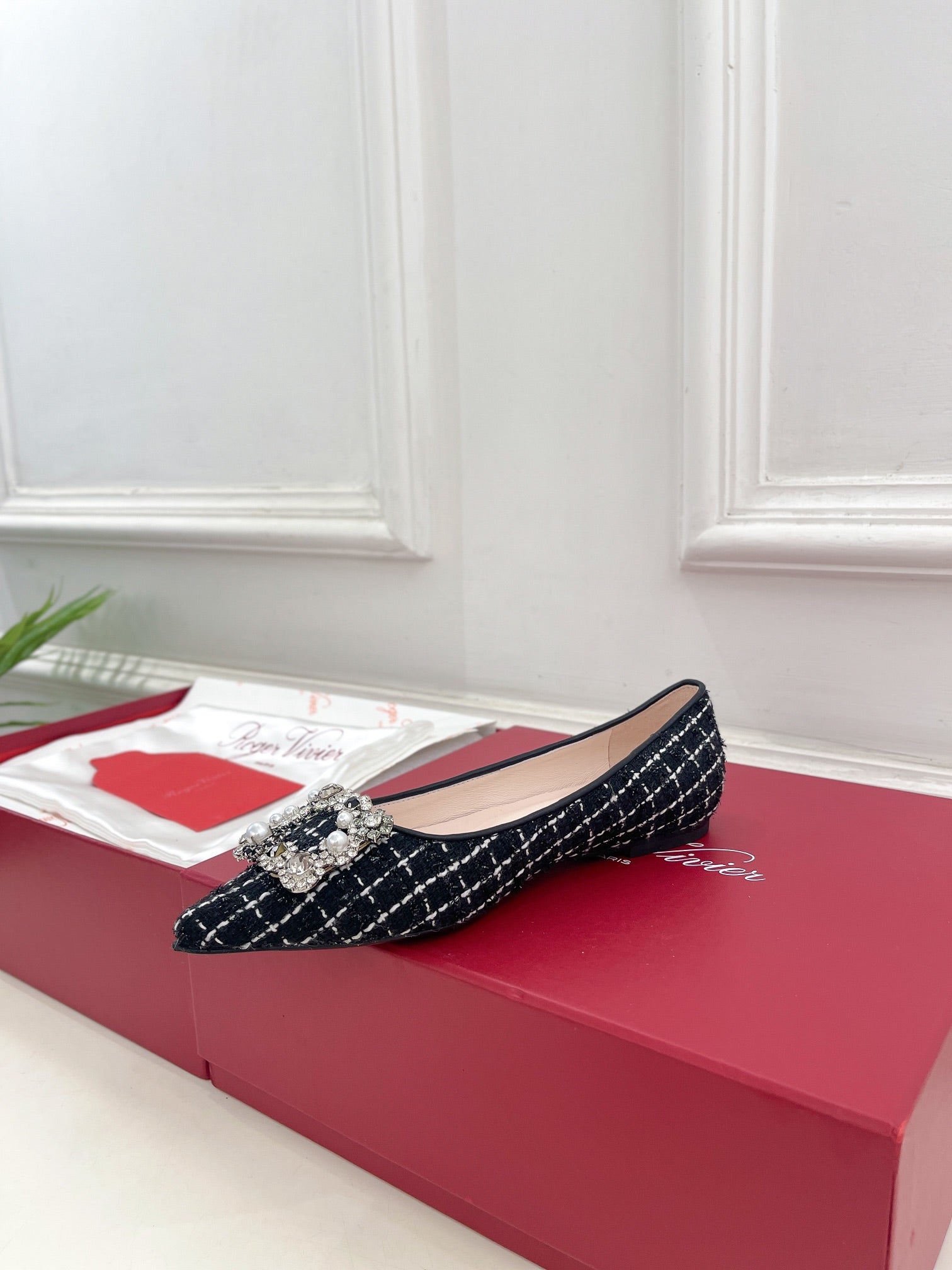 EFFLORESCENCE BALLERINAS IN BLACK TWEED WITH FINE WHITE STRIPES EMBELLISHED CRYSTALS