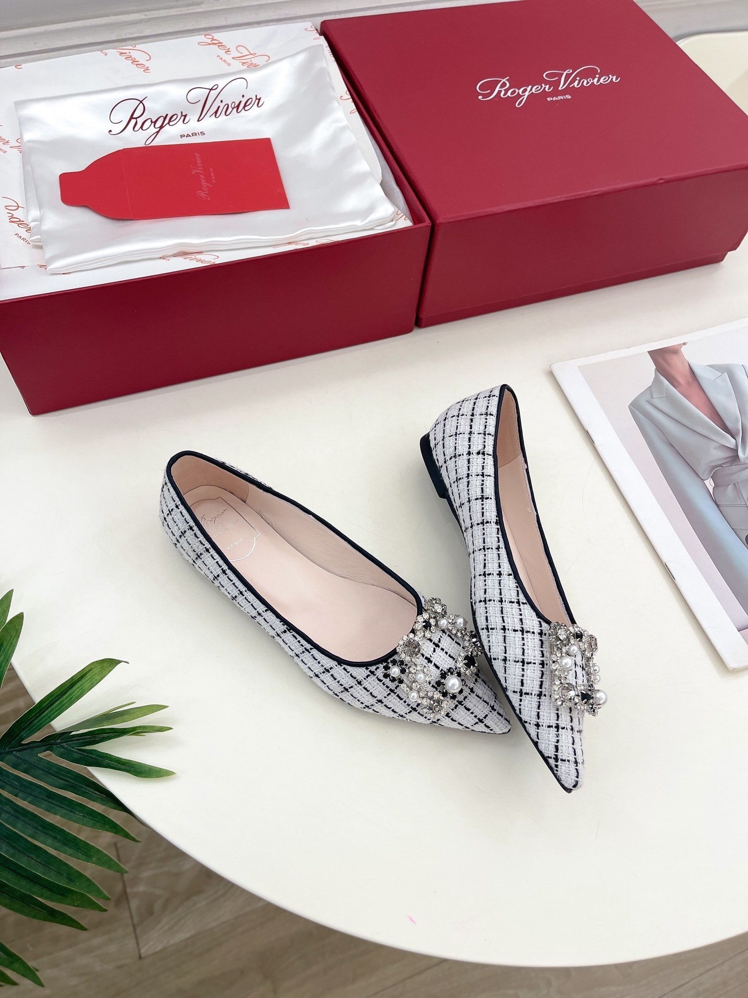 EFFLORESCENCE BALLERINAS IN WHITE TWEED WITH FINE BLACK STRIPES EMBELLISHED CRYSTALS